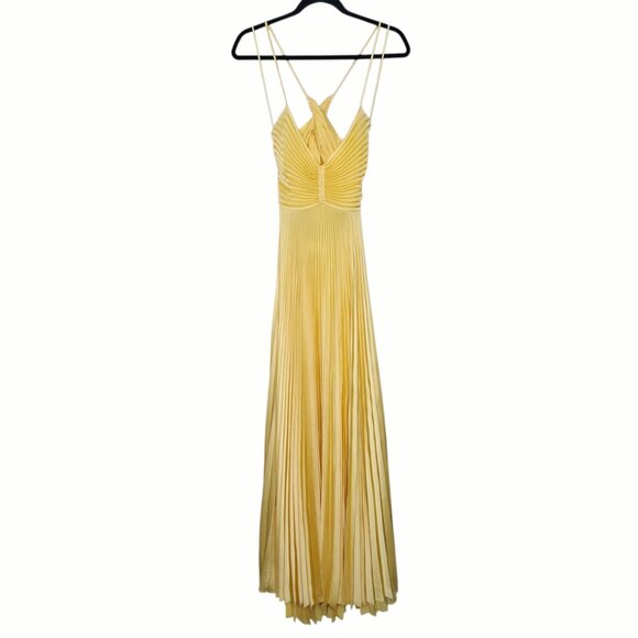 A.L.C. Aries Yellow Accordion Pleated Satin Cut Out Open Back Maxi Dress Gown 2 - Picture 4 of 14